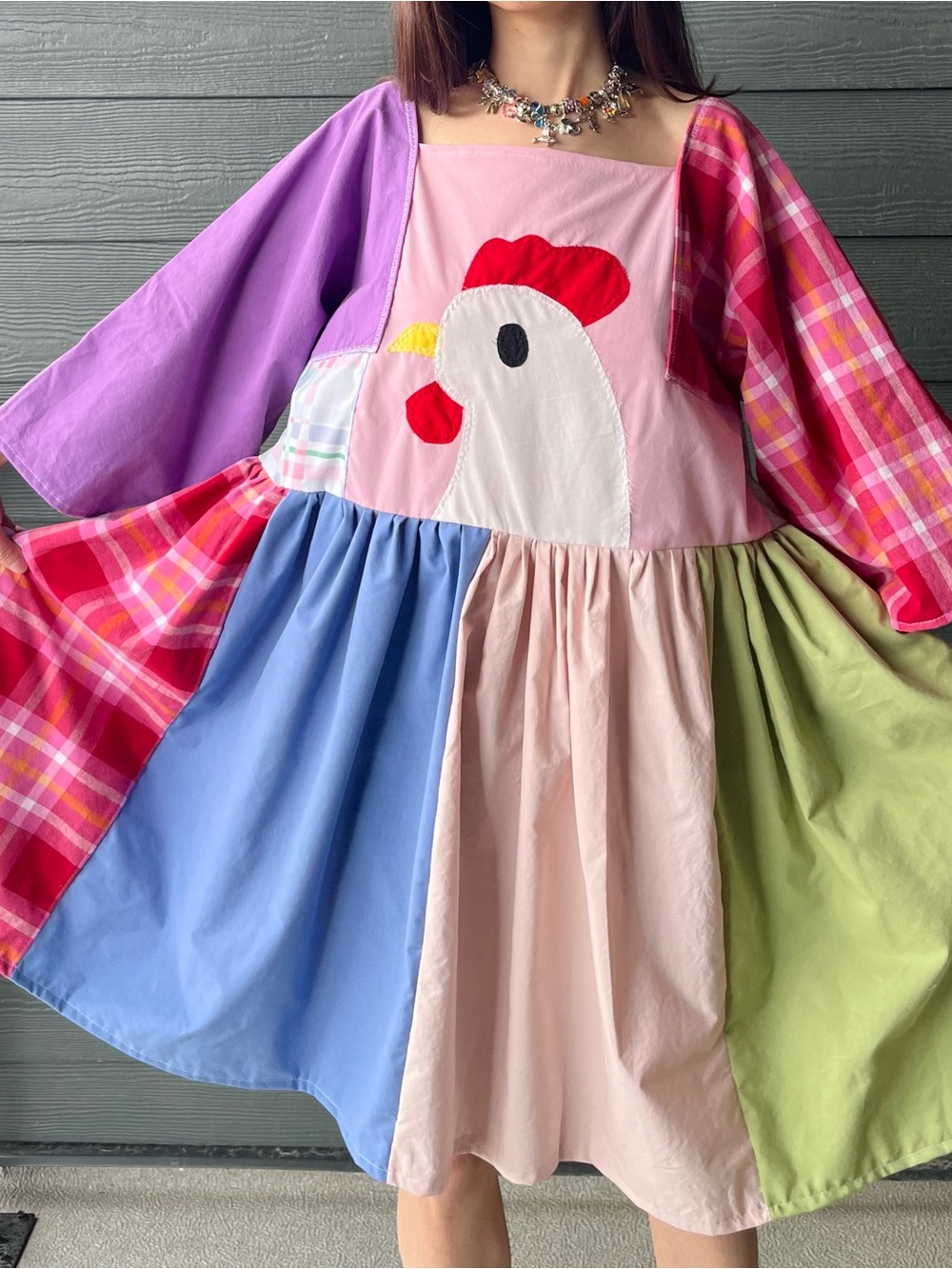Rainbow Farm | Handmade Chicken Patchwork Cotton Dress | SKU 08123